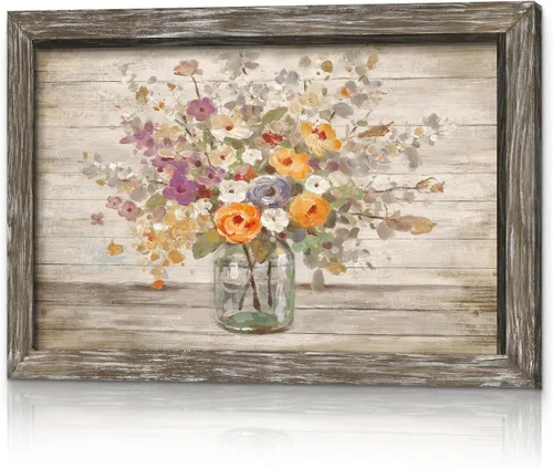 Miniatura 8 de Arte de pared enmarcado floral abstracto, pintura de flores blancas rústicas, ramo botánico en jarrón, impresiones de plantas, obras de arte