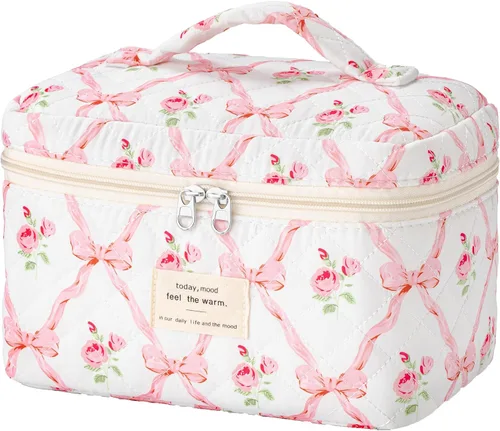 Miniatura 12 de HBselect Bolsa de Maquillaje Acolchada, Bolsa de Maquillaje Grande de Algodón para Viaje, Lindas Bolsas de Maquillaje con Flores Coquette, Bolsas