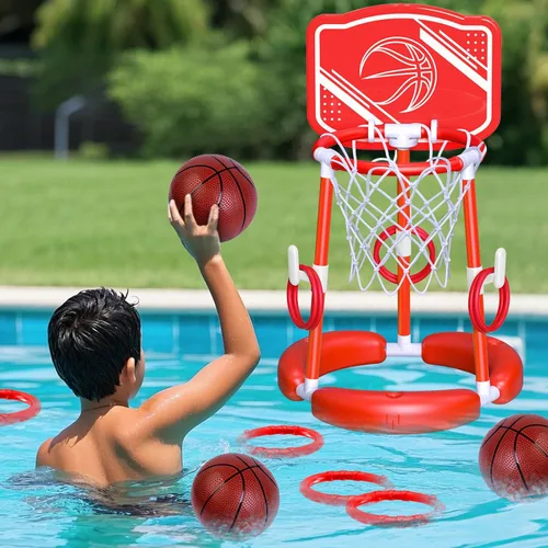 Miniatura 10 de SpringFlower Aro de baloncesto para piscina, juguetes flotantes para piscina, juego de anillo con lanzamiento de anillo, bolas y bomba, 2 en 1