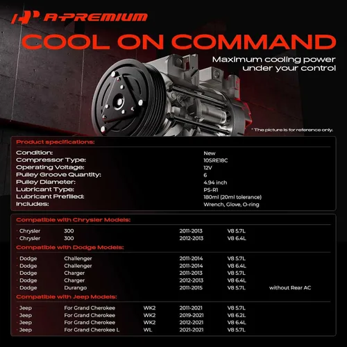 Miniatura 2 de A-Premium Compresor de aire acondicionado AC con embrague Compatible con Jeep Grand Cherokee 2011-2021 y Dodge Charger 2011-2013, Durango 2011-2015