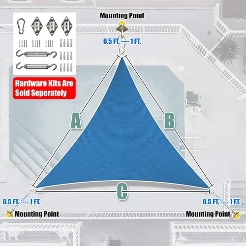 Miniatura 6 de Amgo Toldo triangular azul de 8 x 8 x 8 pies, toldo UPF50+ AGSLT, 95% de bloqueo UV, permeable al agua y al aire, 200GSM resistente, comercial