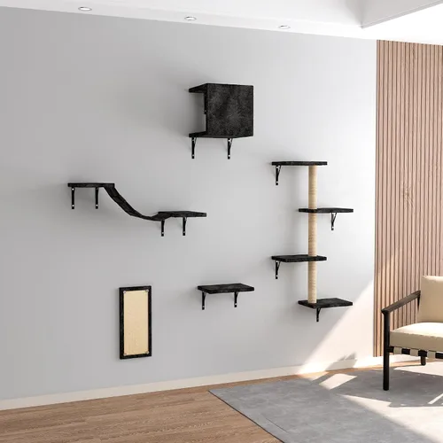 Miniatura 9 de Muebles montados en la pared de árbol para gatos, estantes de escalada para jugar con gatitos y relajarse, incluye tabla de rascar, puente de Beige