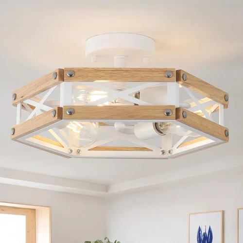 Miniatura 9 de Lámpara de techo de madera rústica de 3 luces, de madera de roble y jaula de metal, lámpara de techo semiempotrada para pasillo, pasillo, entrada