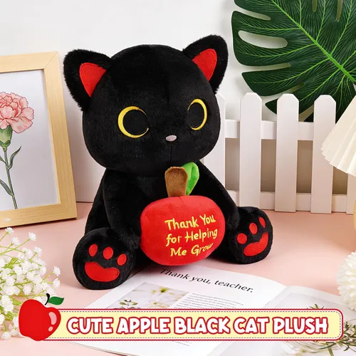 Miniatura 4 de Peluche de gato negro con manzana roja, regalo de agradecimiento para profesores, agradecimiento por ayudarme a crecer, bonito peluche de gato de 8