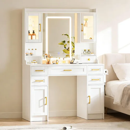 Miniatura 21 de KAMABOKO Escritorio de tocador con luz y espejo, mesa de maquillaje blanca con cajones y estación de carga, 3 modos ajustables para dormitorio y 042