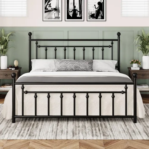Miniatura 11 de Allewie Armazón de Cama de Plataforma de Metal de 14 Pulgadas Tamaño Queen con Cabecera y Pie de Cama Vintage Victoriano/Base de Blanco