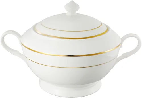 Sopera de sopa de porcelana de hueso duradera con tapa para organizar fiestas y eventos, diseño dorado