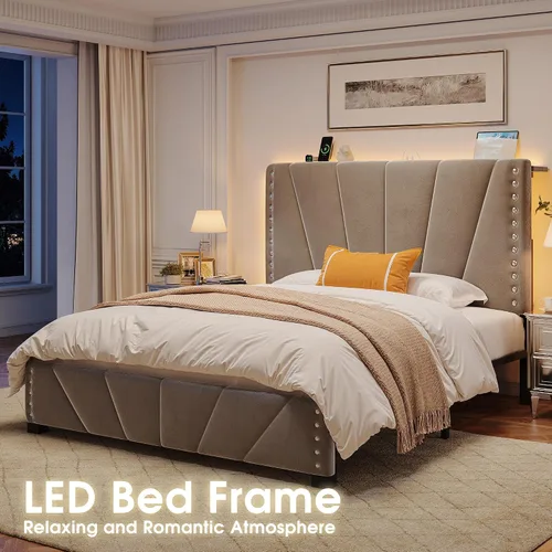Miniatura 5 de EnHomee Base de cama de plataforma individual con cabecera ajustable tapizada de terciopelo, luces LED y estación de carga para dormitorio, Beige