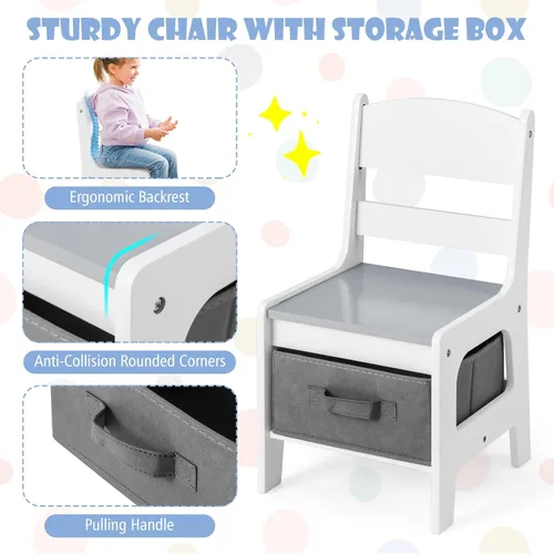 Miniatura 5 de HONEY JOY Mesa y sillas para niños, juego de actividades de madera 3 en 1 con almacenamiento, mesa desmontable, para arte, manualidades, dibujo, Gris