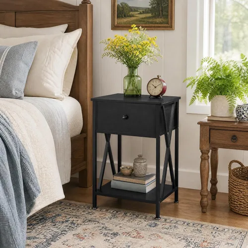 Miniatura 4 de VECELO Mesita de Noche Moderna, Mesa de Noche con Cajón y Estante de Almacenamiento para Sala de Estar y Dormitorio, Marco de Metal Industrial Negro