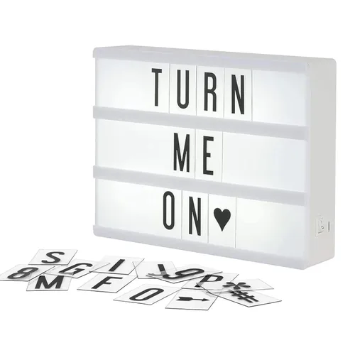 My Cinema Lightbox, pequeña marquesina con luz LED y 100 letras, números y caracteres para crear su cartel personalizado. Incluye USB o alimentación