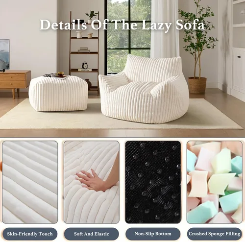 Miniatura 3 de Puf Chaise Lounge de Gran Tamaño para Interiores para Adultos con Reposabrazos y Otomana - Puf Gigante Cómodo Beige Perezoso para el Suelo, Sofá