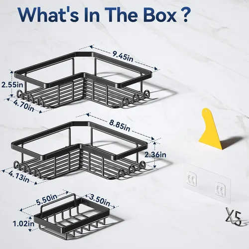 Miniatura 7 de YASONIC Organizador de ducha adhesivo de esquina, con soporte para jabón y 12 ganchos, organizador de baño de acero inoxidable a prueba de óxido