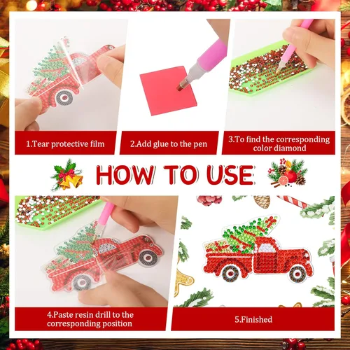 Miniatura 5 de Ferraycle 12 piezas de adornos de Navidad de arte de diamantes de Navidad, adornos de pintura de diamantes 5D, kits de llaveros de pintura colgante
