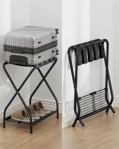 Miniatura 8 de Portaequipajes, soporte plegable para maleta con estante de almacenamiento, soporte de equipaje de metal para habitación de invitados, dormitorio