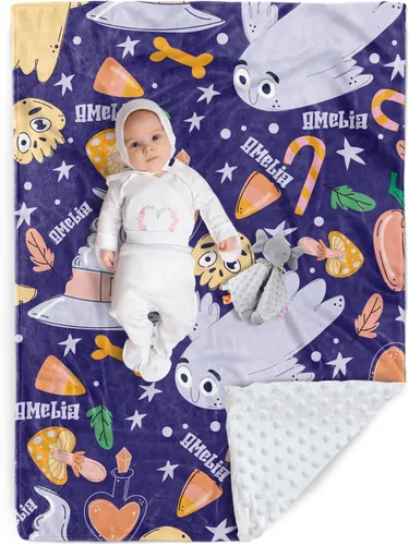 Miniatura 19 de Manta de Halloween personalizada, diseños de dibujos animados con nombre personalizable, manta de franela de felpa suave con respaldo punteado