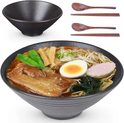 Miniatura 8 de Lareina Tazones de cerámica japoneses para ramen, 2 juegos (6 piezas) de 60 onzas, tazón grande para sopa de fideos con palillos y cucharas a juego