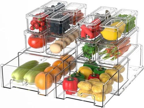 damynuo Paquete de 14 contenedores organizadores de refrigerador, contenedores organizadores transparentes para refrigerador con tapas y cajones de