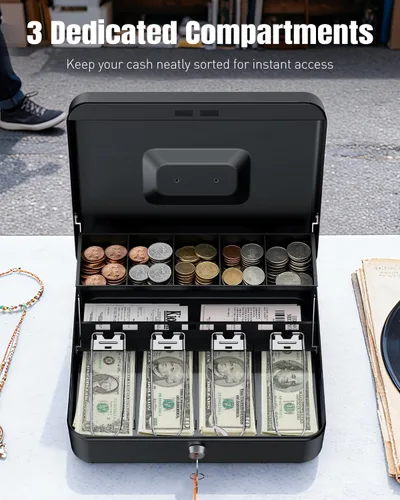 Miniatura 4 de Uniclife Caja de efectivo con bandeja de dinero y cerradura, caja de dinero grande para caja registradora, caja de seguridad de metal con llave