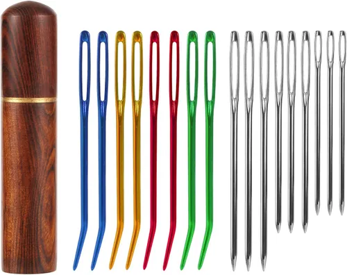 Kit de 17 agujas de coser de ojo grande, agujas romas de acero inoxidable y agujas de tapiz dobladas, agujas de tapiz afiladas, agujas de tejer a