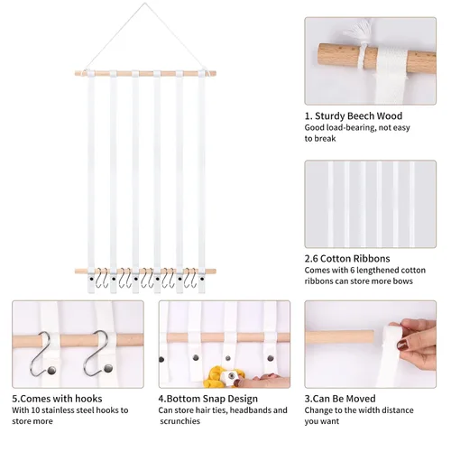 Miniatura 4 de SYGY Soporte para moño, organizador para lazos para el cabello, clips, corbatas, diademas y accesorios, decoración para colgar en la pared