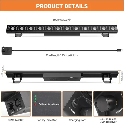 Miniatura 7 de Barra de luz de escenario alimentada por batería: 150W 3IN1 RGBW cambio de color - Inalámbrico 2.4G DMX y control remoto - Efectos estroboscópicos