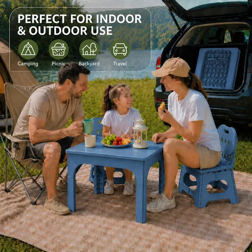 Miniatura 4 de UNICOO® Juego de mesa plegable y ajustable en altura para niños con 2 sillas plegables, compacto, plegable y portátil, para actividades de niños Azul
