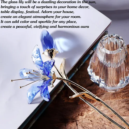 Miniatura 7 de Ornalrist Flores de lirio de tigre de cristal con jarrón, tallo de metal, flor de lirio azul, regalos coleccionables para mujeres, figuras florales
