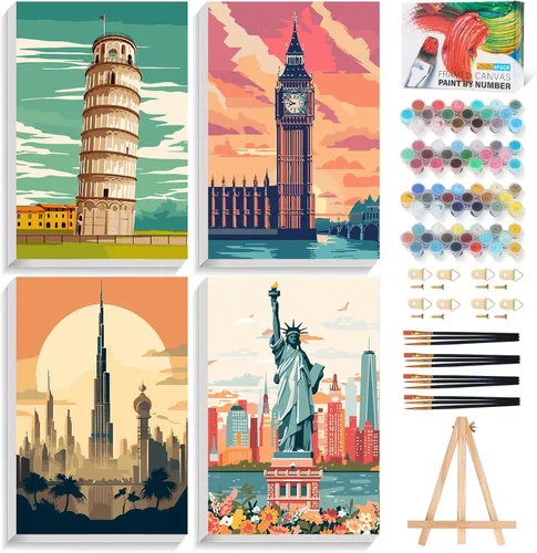 Miniatura 16 de Offito Paquete de 4 pinturas enmarcadas por números para adultos principiantes con caballete de madera, kit de pintura fácil de paisaje por números