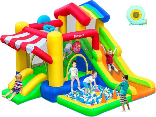 FBSPORT - Castillo inflable con tobogán para niños, casa hinchable para saltar con soplador de aire, para interiores y exteriores, con fosa de
