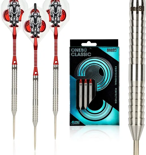 Miniatura 8 de ONE80 - Dardo de punta de acero profesional de tungsteno 90% VHD, estilo barril con vuelos extra, ejes y sacapuntas, caja de regalo con empaque