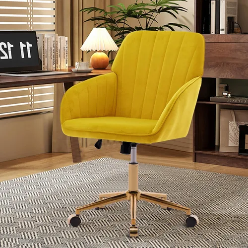 Miniatura 12 de Silla de oficina en casa de terciopelo con base dorada, cómoda y moderna silla de escritorio, silla giratoria ajustable para sala de estar