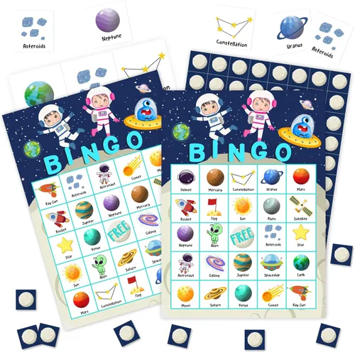 Space Games Tarjetas de bingo, juego de bingo con tema cósmico, juego espacial para familiares y amigos, grandes actividades de grupo multijugador,