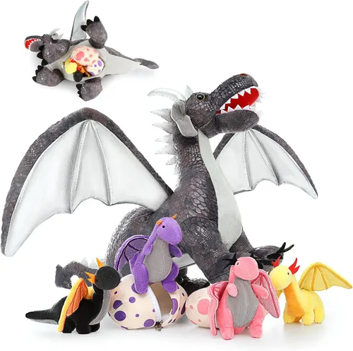Miniatura 19 de Muiteiur Triceratops - Animal de peluche gigante de dinosaurio para mamá con 3 bebés pequeños, juguete de dinosaurio de felpa suave verde, regalo