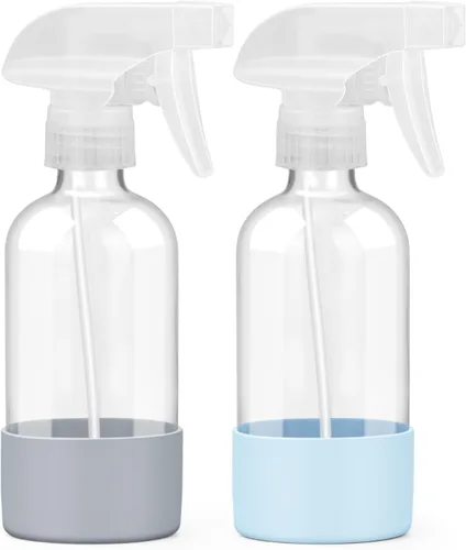 Worldgsb 2 unidades de botellas de spray de vidrio de 8 oz, contenedores vacíos rellenables con protección de funda de silicona, botellas de spray