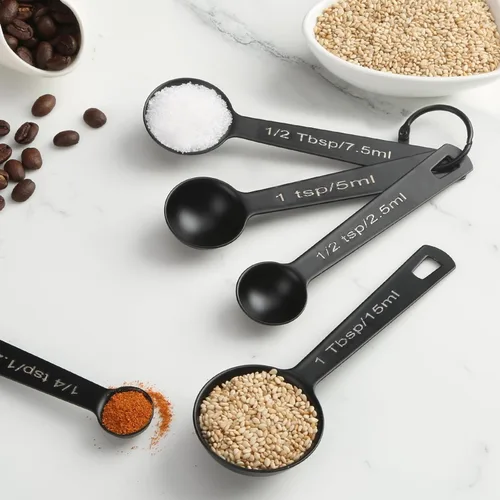 Miniatura 6 de Juego de 5 cucharas medidoras de acero inoxidable, tazas medidoras de metal para líquidos, alimentos, cocina, hornear (negro)