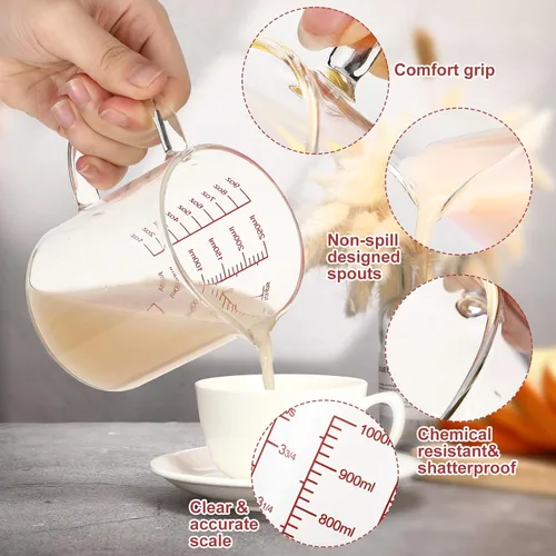 Miniatura 2 de Lallisa Juego de 3 tazas medidoras de vidrio de borosilicato alto con asa en forma de V, 4, 2, 1 taza y 3 escalas (onzas, taza, ml), para cocina