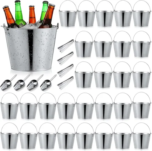 Miniatura 11 de Zopeal Juego de 24 cubos de cerveza galvanizados, 16 cubos de metal con 4 cucharadas y 4 pinzas, cubo de hielo rústico de 7 pulgadas para fiestas