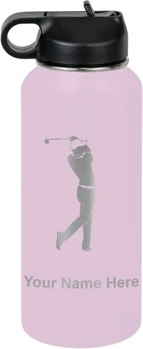 Miniatura 26 de LaserGram Botella de agua personalizada, golfista de golf, acero inoxidable de doble pared aislada al vacío con popote superior, regalo grabado Negro