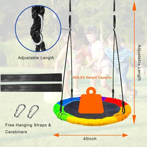 Miniatura 2 de Columpio de árbol de platillo de 40 pulgadas para niños, capacidad de peso de 500 libras, asiento de columpio de plataforma impermeable con cuerdas