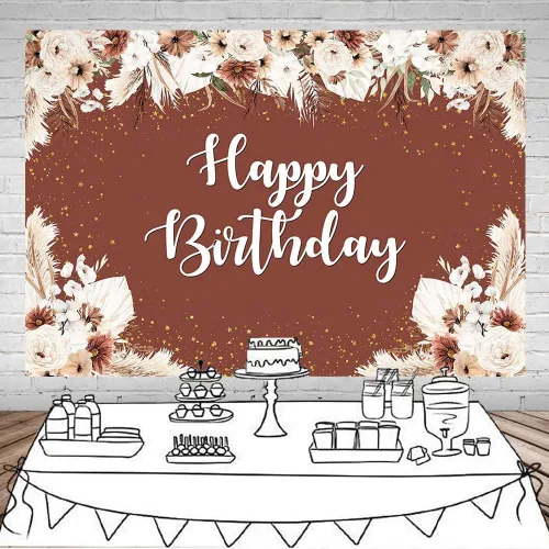 Miniatura 2 de Mocsicka Telón de fondo de vinilo de feliz cumpleaños dorado borgoña para niñas, bohemio, hierba de las pampas, puntos dorados, fondo de fotografía