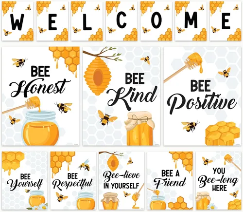 Decorably 15 carteles de bienvenida con temática de abejas para aulas, escuela primaria, secundaria, inspirador, laminado mate con diseño vibrante