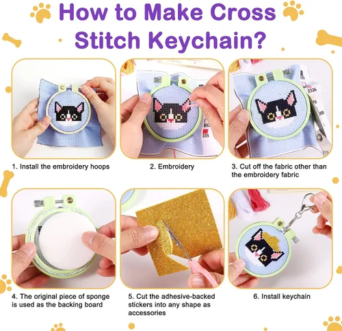 Miniatura 5 de Caydo 5 piezas de kits de punto de cruz para niños con patrones de gatos y perros, kits de punto de cruz estampados para principiantes, llavero DIY