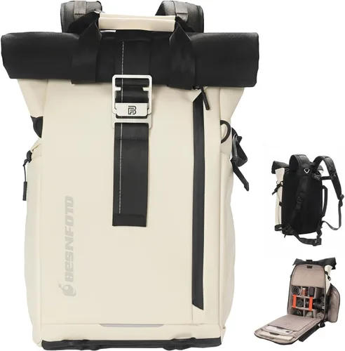 Miniatura 10 de Mochila impermeable para cámara Besnfoto, bolsa de fotografía con tapa enrollable para cámara DSLR SLR sin espejo con compartimento para laptop
