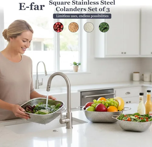 Miniatura 7 de E-far Paquete de 3 coladores para cocina, colador cuadrado de metal de acero inoxidable con asa para drenar alimentos, pasta, verduras