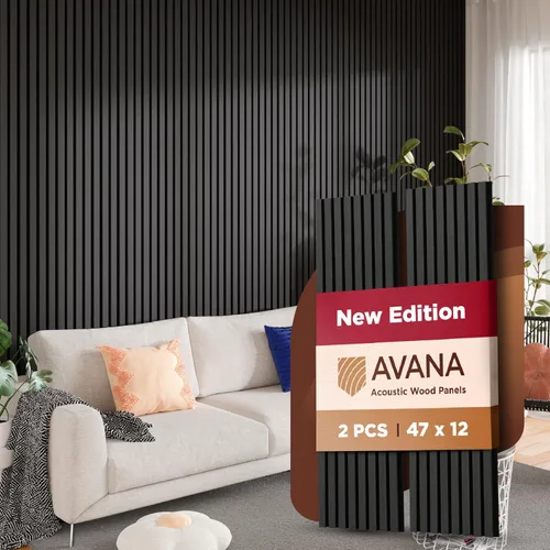 Miniatura 19 de Avana Paneles de pared de madera acústica de 94.4 x 12.6 pulgadas, 2 piezas de paneles acústicos de roble negro, paneles de pared para decoración