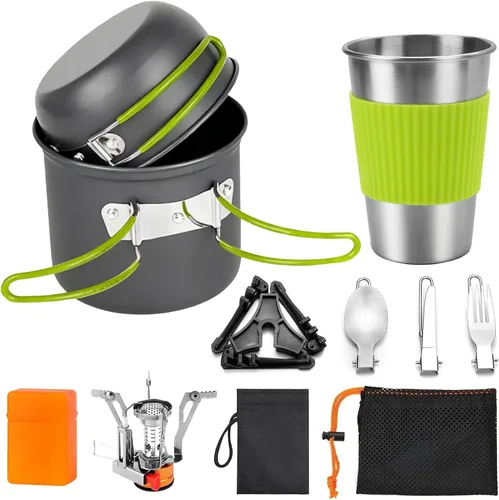 aiGear Juego de 8 utensilios de cocina para acampar, juego de ollas y sartenes con mini estufa de mochilero, taza de acero inoxidable, soporte de