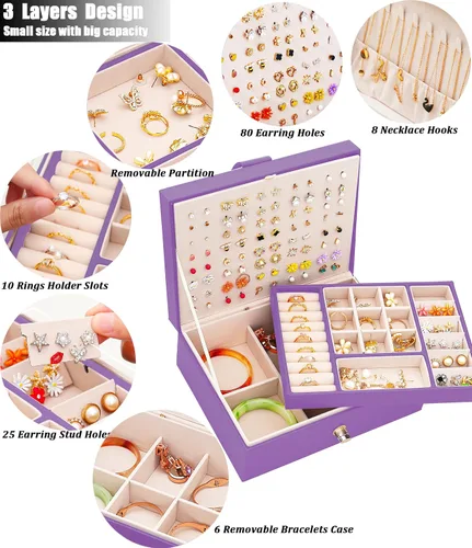 Miniatura 92 de Joyero de pendientes para mujeres y niñas, organizador de aretes de 5 capas, caja organizadora de joyas blanca con candado, collares y aretes