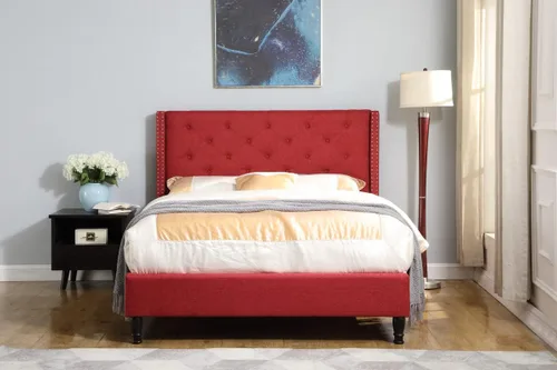 Miniatura 6 de Base de cama de plataforma tapizada completa con cabecero de 51 pulgadas de alto, cama de tela copetuda con botones, soporte de listones de madera