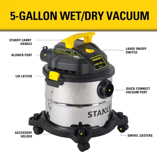 Miniatura 2 de STANLEY Aspiradora de taller húmeda y seca, 1 galón 1.5 Peak HP Aspiradora pequeña húmeda-seca con 60CFM de potente succión, aspiradoras portátiles